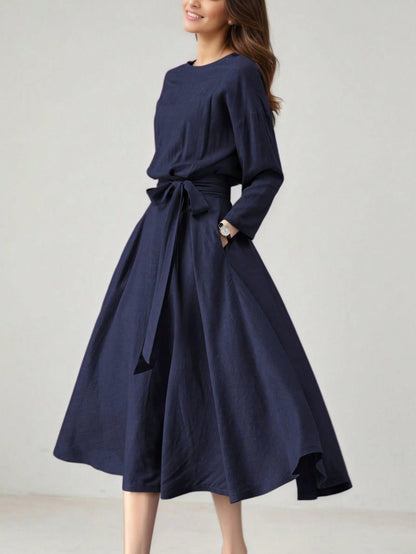 Women's Long Solid Color Casual Dress With Pockets And Tie Waist, Suitable For Wedding Elegant Spring