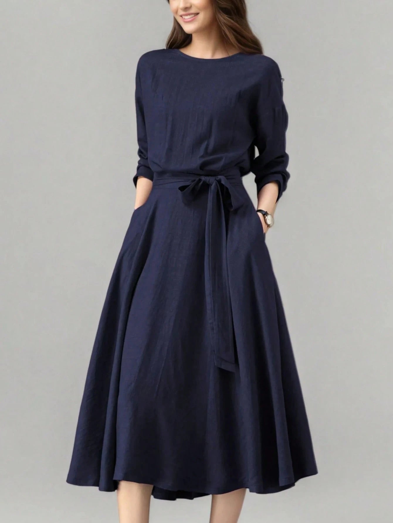 Women's Long Solid Color Casual Dress With Pockets And Tie Waist, Suitable For Wedding Elegant Spring