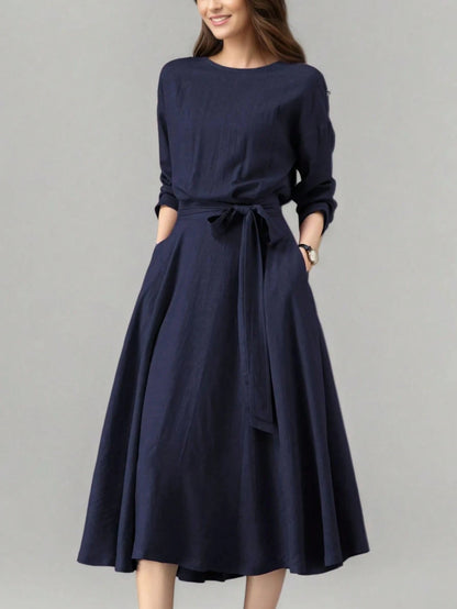 Women's Long Solid Color Casual Dress With Pockets And Tie Waist, Suitable For Wedding Elegant Spring