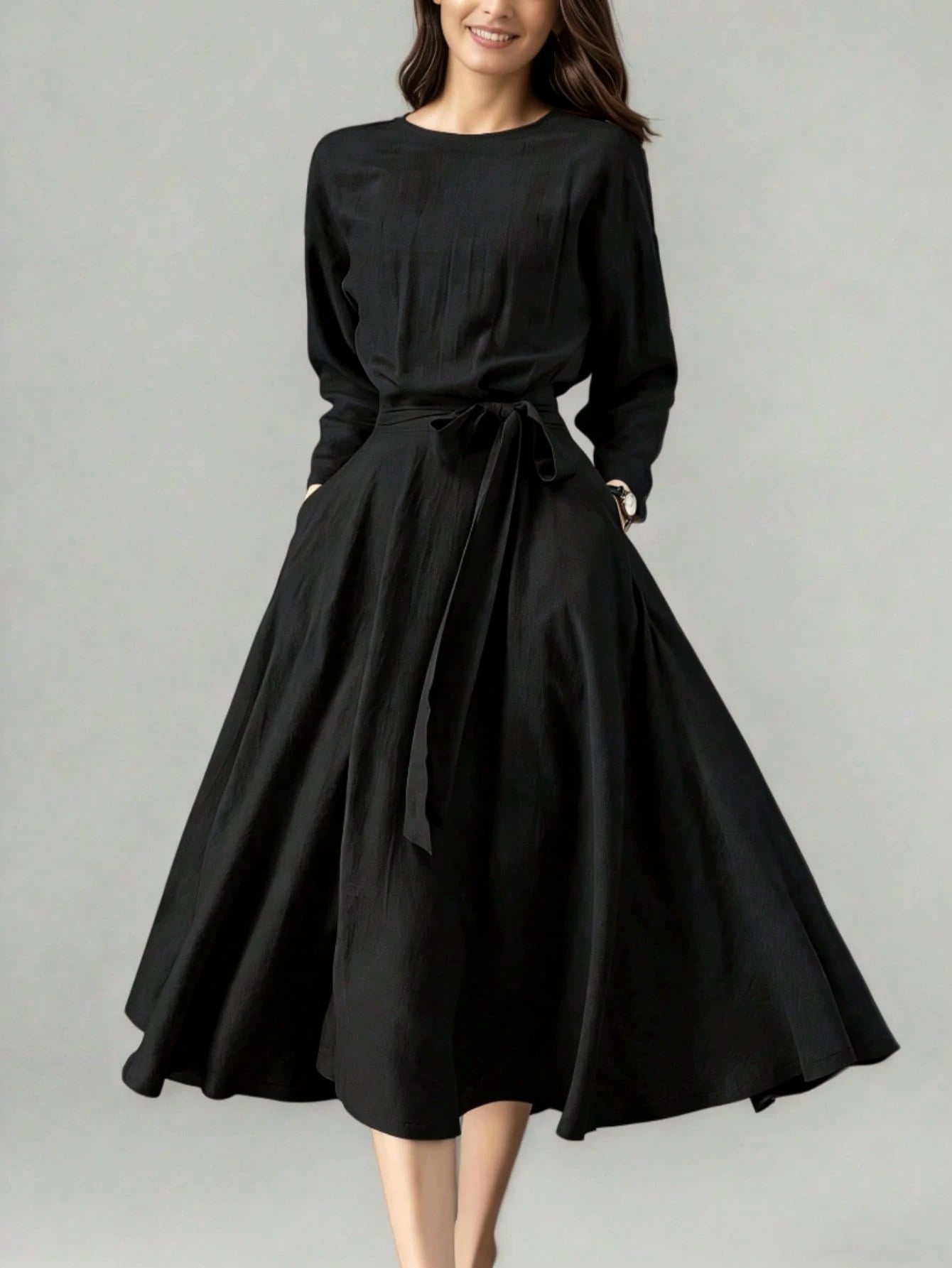 Women's Long Solid Color Casual Dress With Pockets And Tie Waist, Suitable For Wedding Elegant Spring