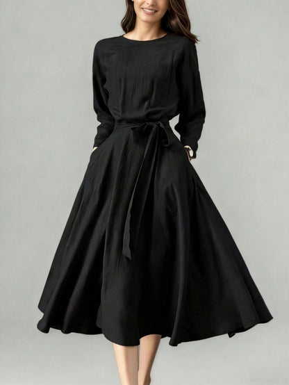 Women's Long Solid Color Casual Dress With Pockets And Tie Waist, Suitable For Wedding Elegant Spring