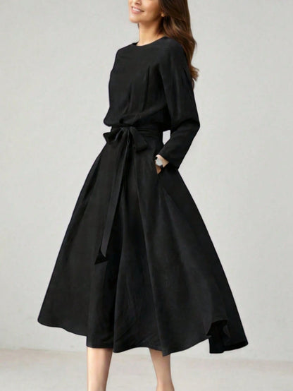Women's Long Solid Color Casual Dress With Pockets And Tie Waist, Suitable For Wedding Elegant Spring