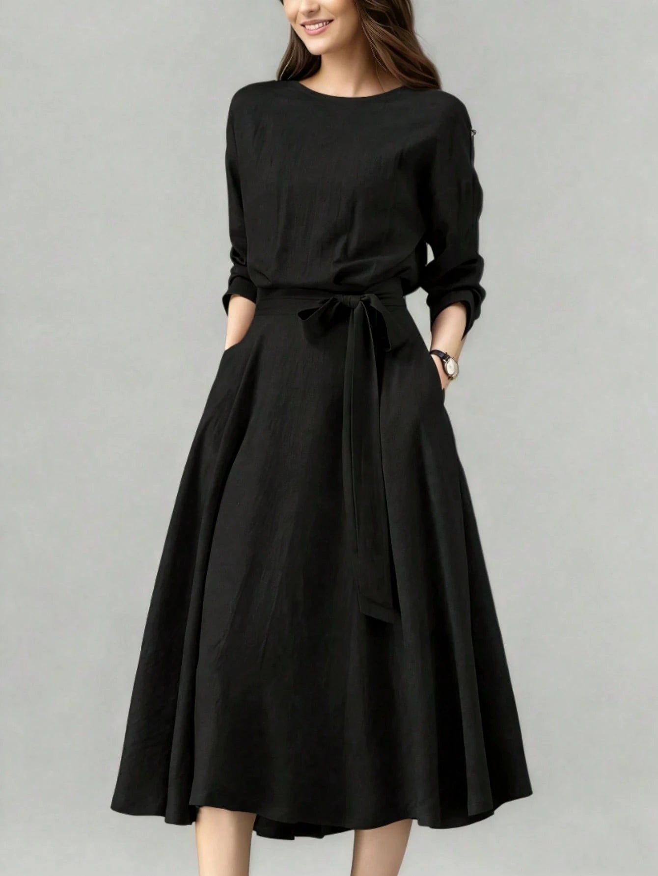 Women's Long Solid Color Casual Dress With Pockets And Tie Waist, Suitable For Wedding Elegant Spring