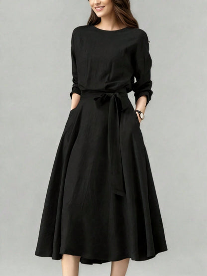 Women's Long Solid Color Casual Dress With Pockets And Tie Waist, Suitable For Wedding Elegant Spring