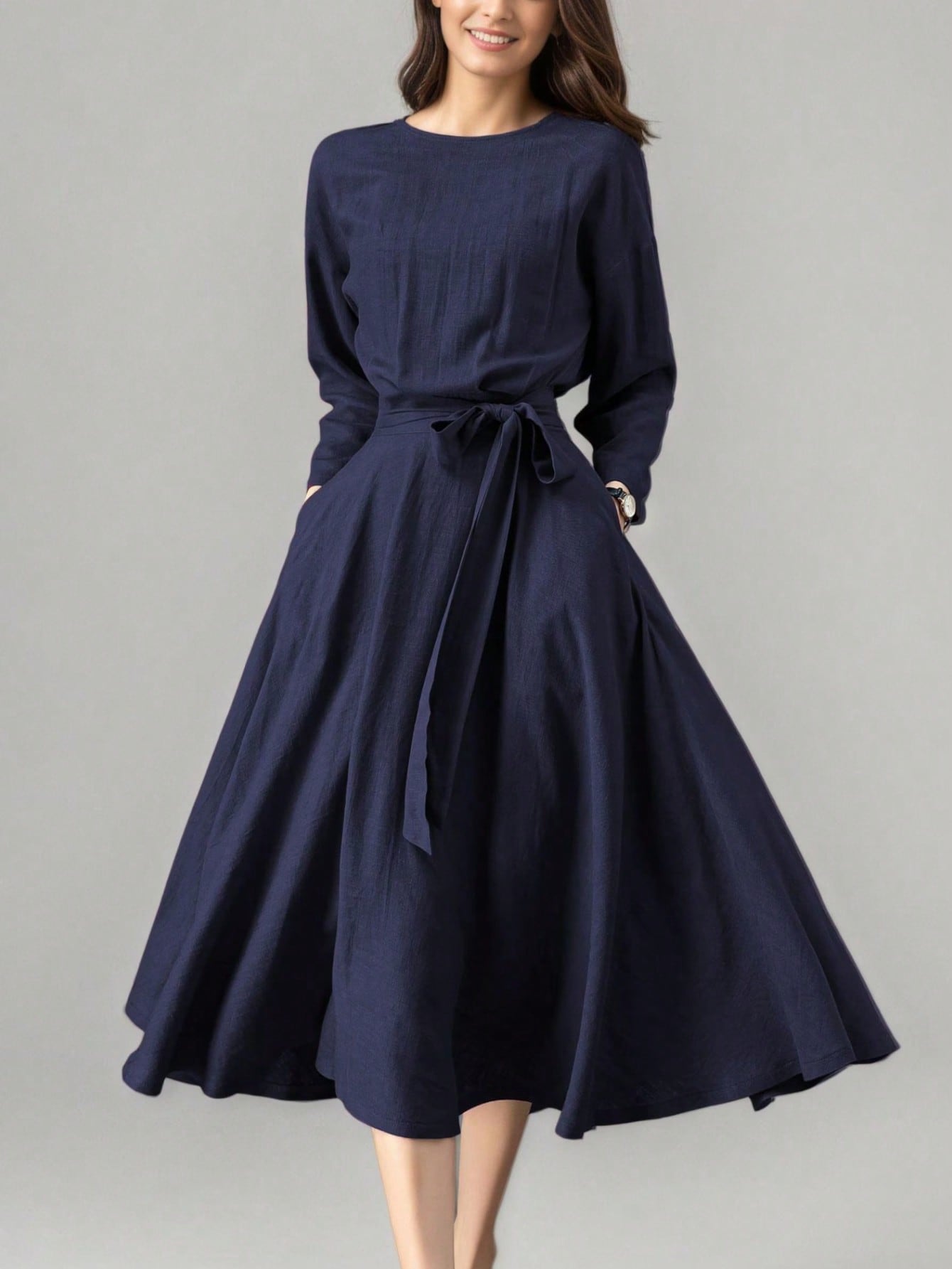 Women's Long Solid Color Casual Dress With Pockets And Tie Waist, Suitable For Wedding Elegant Spring