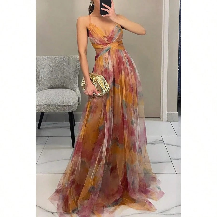 Women's Mesh Floral Cami Dress, Sheer Printed Slip Dress, Casual Vacation Party Outfit