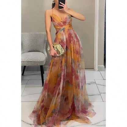 Women's Mesh Floral Cami Dress, Sheer Printed Slip Dress, Casual Vacation Party Outfit