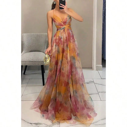 Women's Mesh Floral Cami Dress, Sheer Printed Slip Dress, Casual Vacation Party Outfit
