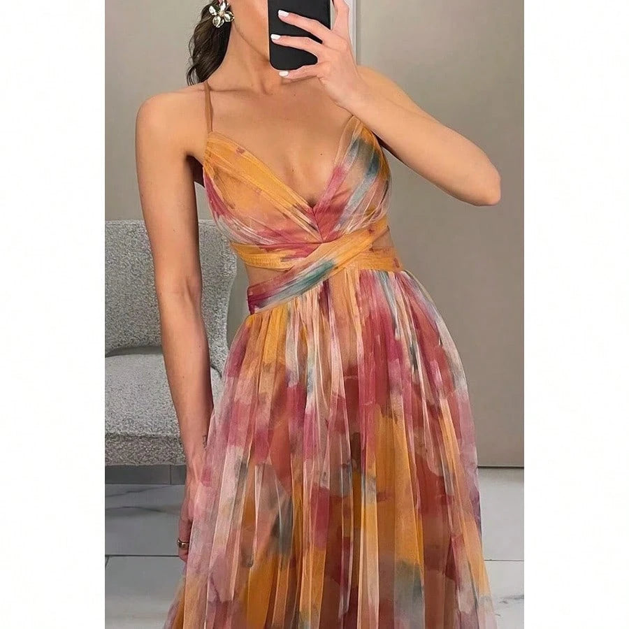 Women's Mesh Floral Cami Dress, Sheer Printed Slip Dress, Casual Vacation Party Outfit