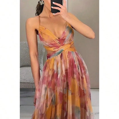 Women's Mesh Floral Cami Dress, Sheer Printed Slip Dress, Casual Vacation Party Outfit