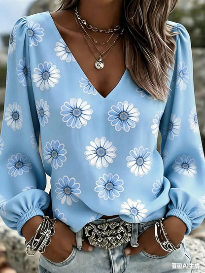Women's New Loose Lantern Sleeve Printed Loose Slimming Fashion Versatile Vacation Style Long Sleeve V-Neck Top, Perfect Gift For Holidays, Party, Daily Wear Essential, All Season, Women's Fashion Flo