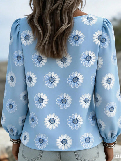 Women's New Loose Lantern Sleeve Printed Loose Slimming Fashion Versatile Vacation Style Long Sleeve V-Neck Top, Perfect Gift For Holidays, Party, Daily Wear Essential, All Season, Women's Fashion Flo