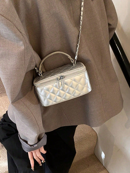Women's New Quilted Diamond Chain Box Bag, Fashion Embroidered Handheld Crossbody Bag