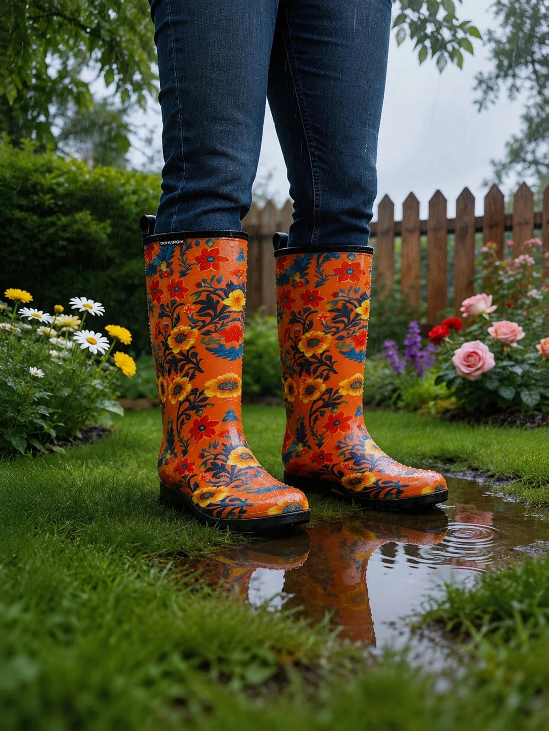 Women's Orange Floral Print Tall Rain Boots, Waterproof Non Slip Lug Sole Garden Boots With Pull Tab