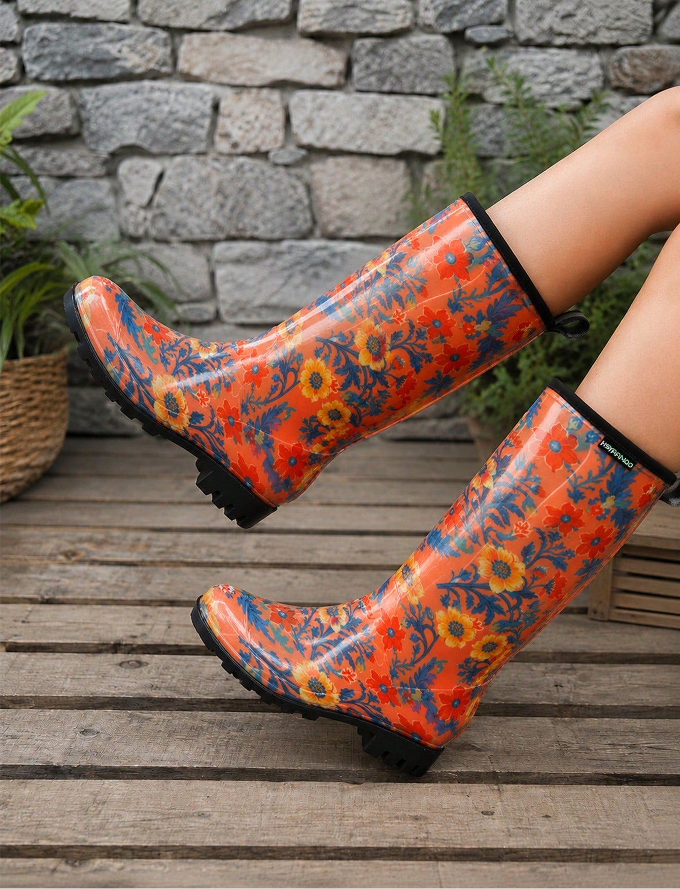 Women's Orange Floral Print Tall Rain Boots, Waterproof Non Slip Lug Sole Garden Boots With Pull Tab