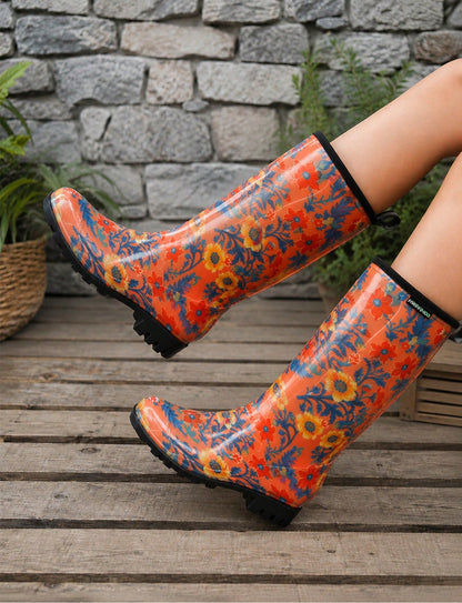 Women's Orange Floral Print Tall Rain Boots, Waterproof Non Slip Lug Sole Garden Boots With Pull Tab