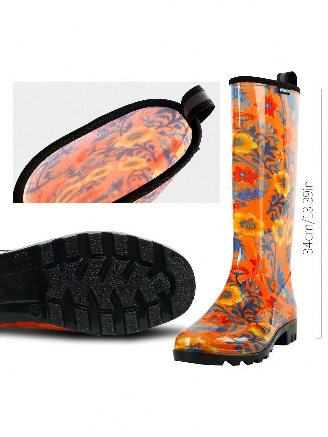 Women's Orange Floral Print Tall Rain Boots, Waterproof Non Slip Lug Sole Garden Boots With Pull Tab