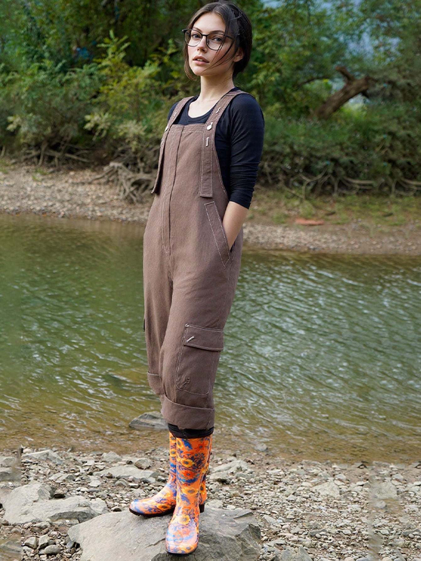 Women's Orange Floral Print Tall Rain Boots, Waterproof Non Slip Lug Sole Garden Boots With Pull Tab