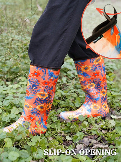 Women's Orange Floral Print Tall Rain Boots, Waterproof Non Slip Lug Sole Garden Boots With Pull Tab