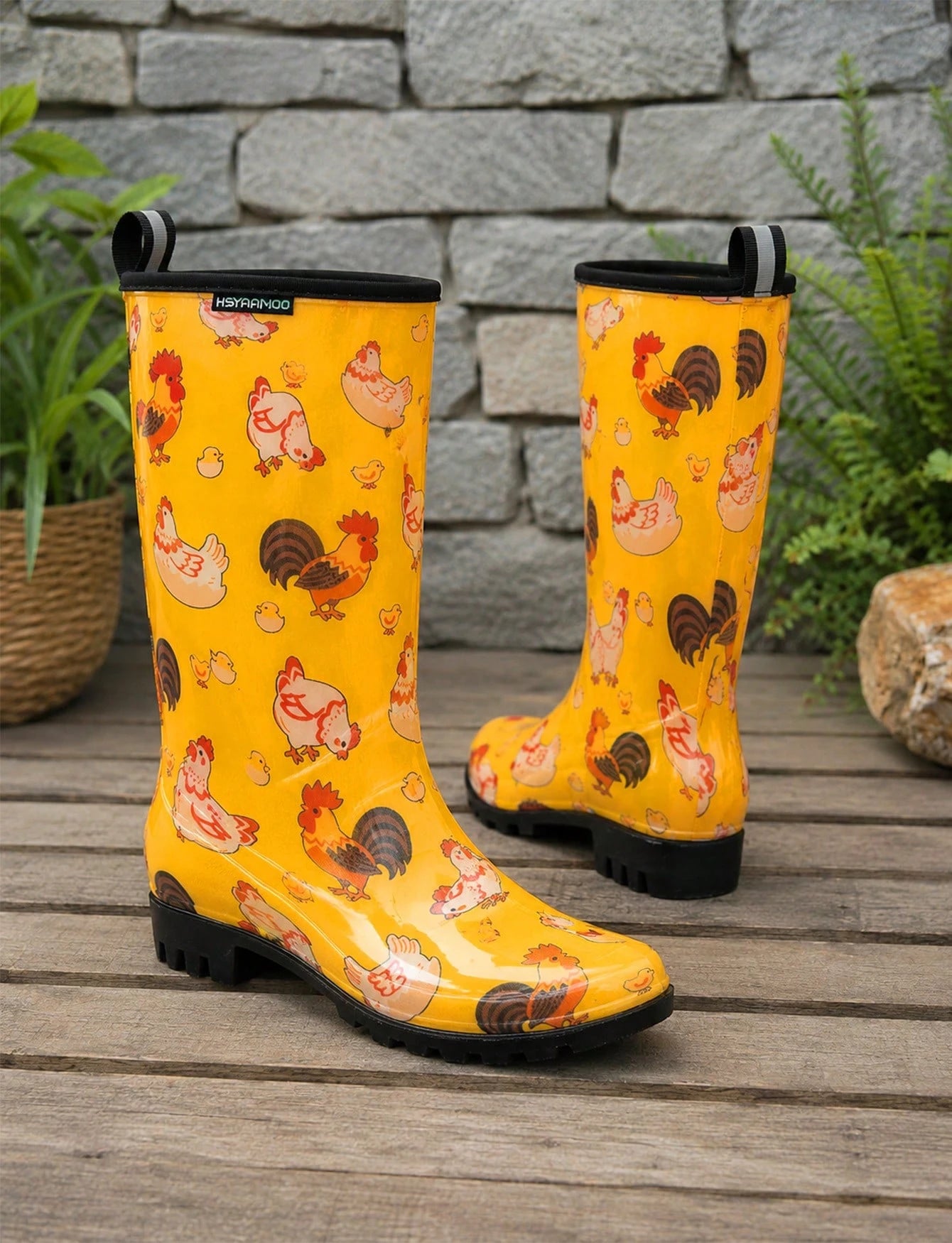 Women's Orange Floral Print Tall Rain Boots, Waterproof Non Slip Lug Sole Garden Boots With Pull Tab