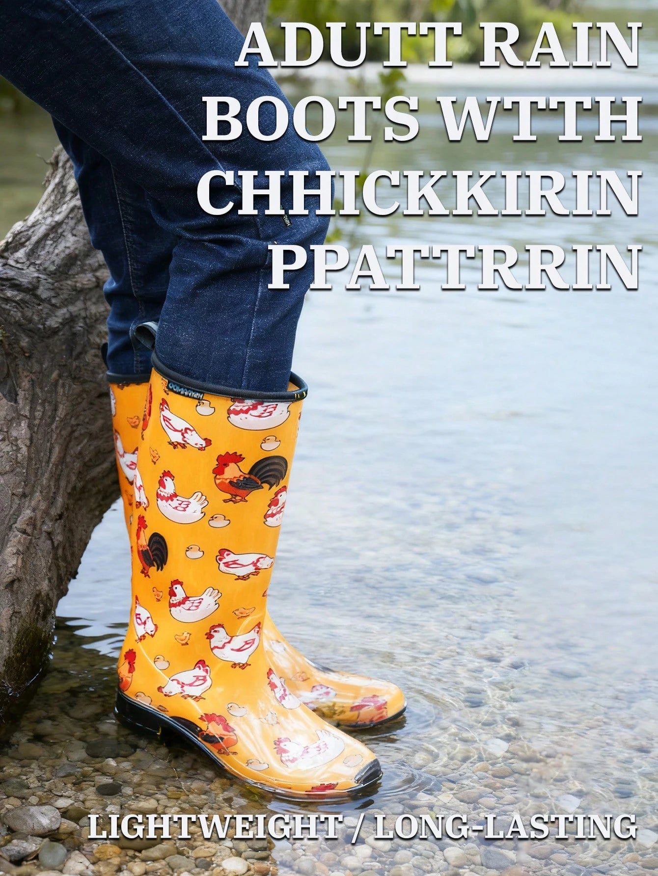 Women's Orange Floral Print Tall Rain Boots, Waterproof Non Slip Lug Sole Garden Boots With Pull Tab