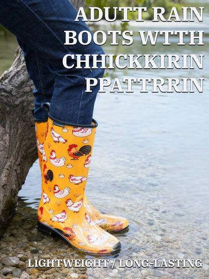 Women's Orange Floral Print Tall Rain Boots, Waterproof Non Slip Lug Sole Garden Boots With Pull Tab