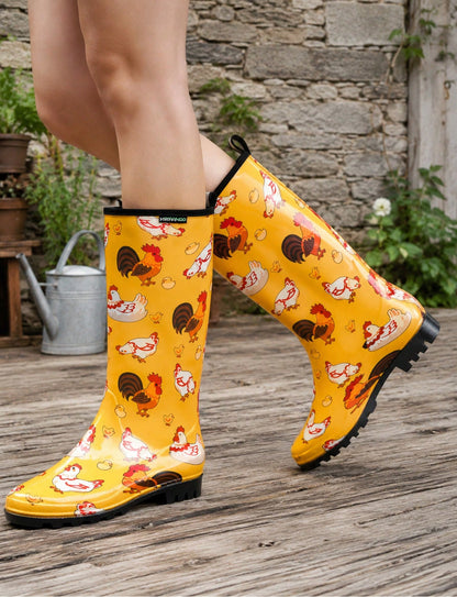 Women's Orange Floral Print Tall Rain Boots, Waterproof Non Slip Lug Sole Garden Boots With Pull Tab
