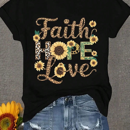 Women's Plus Size Casual Round Neck Long Sleeve T-Shirt With Leopard Print And Sunflower Faith Hope Love Graphic For Fall Fashion
