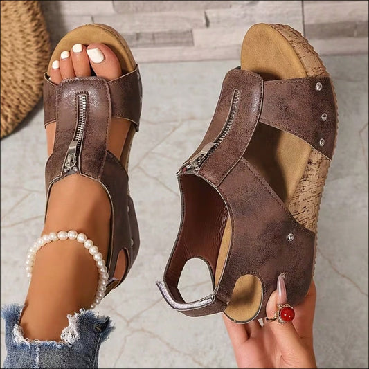 Women's Plus Size Wide Fit Wedge Mules, Extra Wide Width, Faux Leather Open Toe Slides, Studded Cutout, Non-Slip Heel For Summer Daily