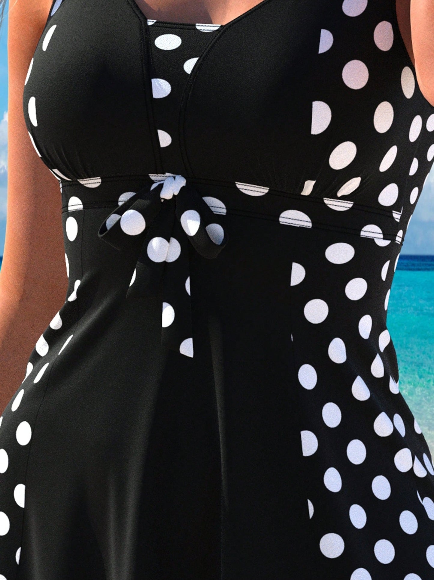 Women's Polka Dot Tankini Set- Stretchy Off-Shoulder V-Neck Top & High-Waisted Shorts- Perfect For Beach Swimwear