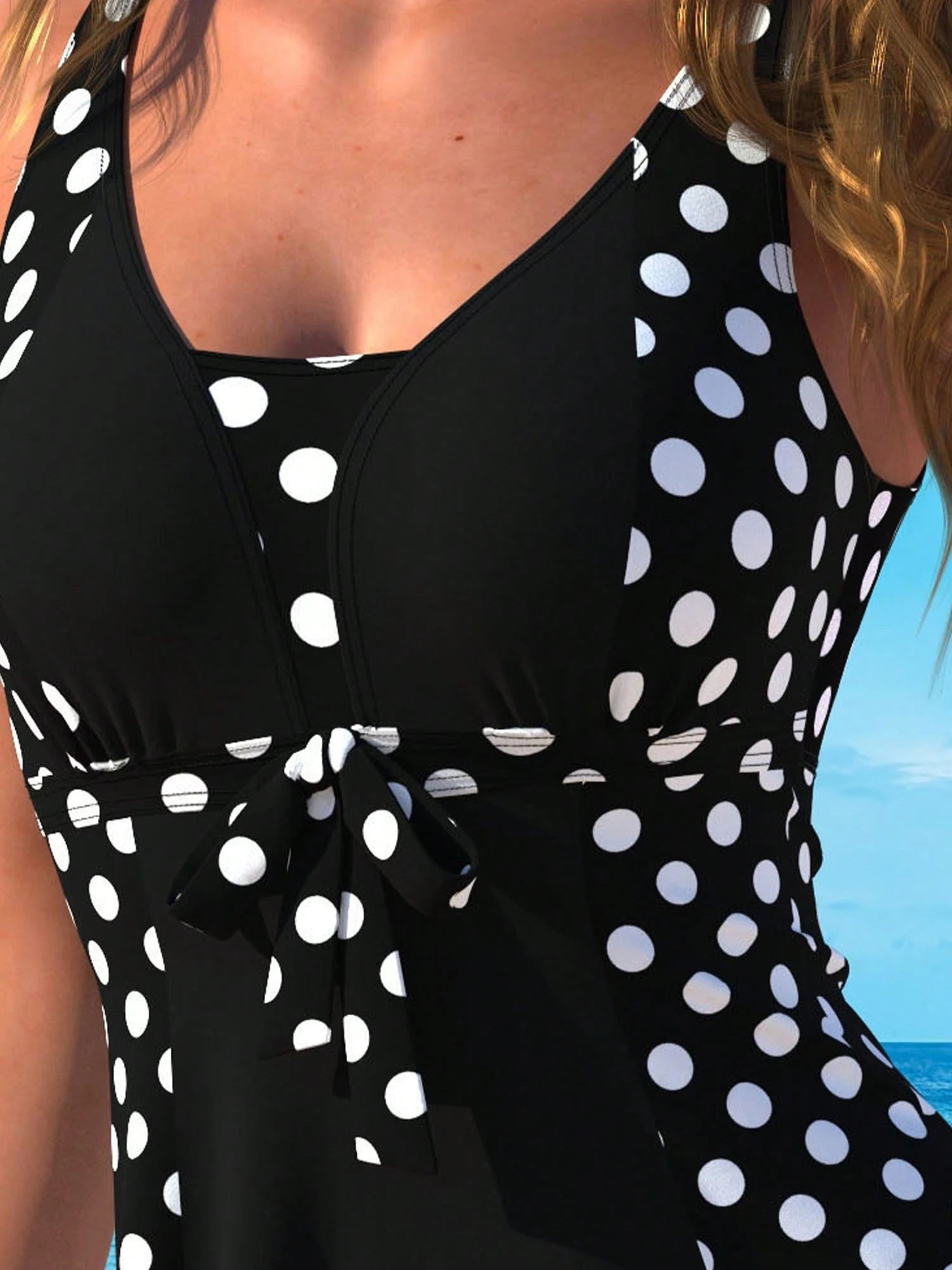 Women's Polka Dot Tankini Set- Stretchy Off-Shoulder V-Neck Top & High-Waisted Shorts- Perfect For Beach Swimwear