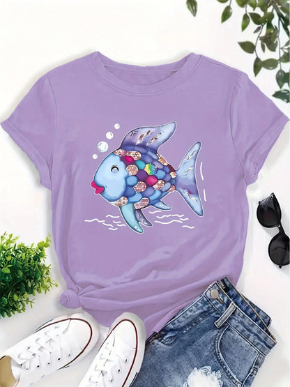 Women's Rainbow Scale Fish Teacher T-Shirt- Book And Nostalgic Design With "Kindness" Print,Short Sleeve Round Neck Casual Top,Suitable For Educators