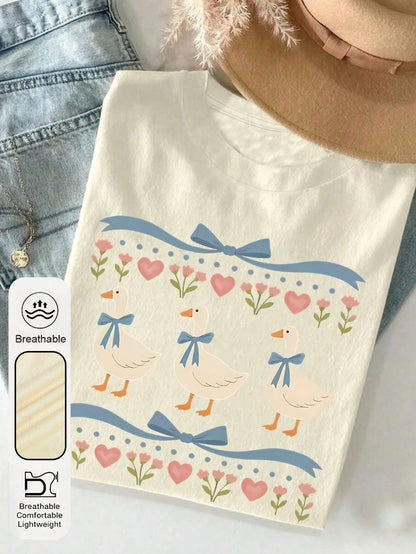 Women's Retro 80s Goose Print Round Neck Short Sleeve Casual T-Shirt, Funny Blue Ribbon Goose Women's Top, Vintage Goose Women's Summer Clothing, Cute Farm Animal Summer Top