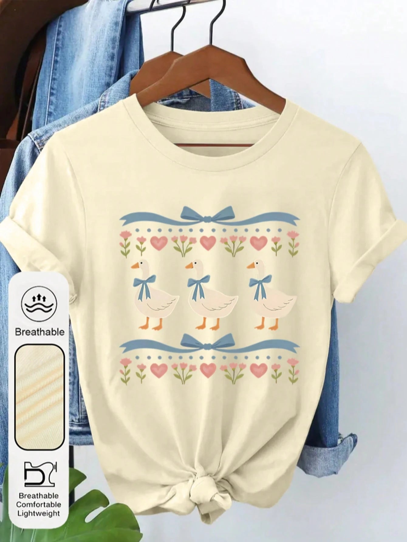 Women's Retro 80s Goose Print Round Neck Short Sleeve Casual T-Shirt, Funny Blue Ribbon Goose Women's Top, Vintage Goose Women's Summer Clothing, Cute Farm Animal Summer Top