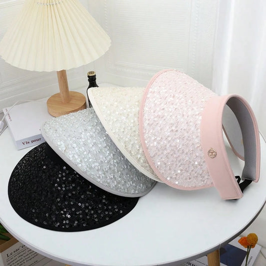 Women's Sequin Sun Hat, Wide Brim UV Protection Hollow Top Headband Cap, Shiny Non-Creasing Summer Sun Hat Suitable For Beach, Travel, Outdoor Activities