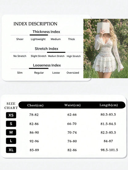Women's Sexy Deep V-Neck Lace Layered Ruffle Hem Long Sleeve Bodycon Mini Dress- Elegant For Party, Date, Birthday, Nightclub