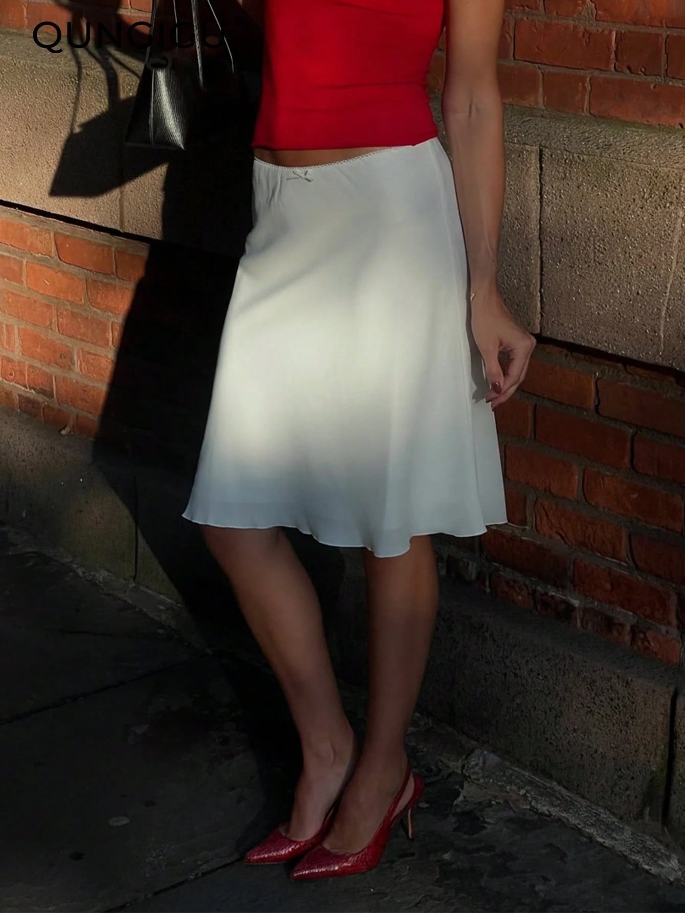 Women's Silky Satin Skirt With Cute Bow Detail, Lace Waistband, Flowy A-Line Skirt, Elegant Casual Outfit For Date, Holiday