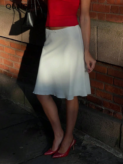 Women's Silky Satin Skirt With Cute Bow Detail, Lace Waistband, Flowy A-Line Skirt, Elegant Casual Outfit For Date, Holiday