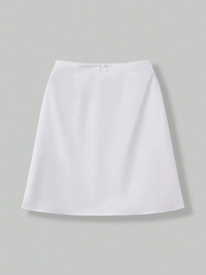 Women's Silky Satin Skirt With Cute Bow Detail, Lace Waistband, Flowy A-Line Skirt, Elegant Casual Outfit For Date, Holiday