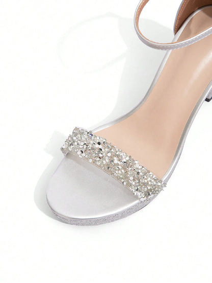 Women's Silver High Heel Platform Sandals, Fashionable Glitter Strap Chunky Heel Thick Sole Sandals, Charming Party Shoes,Spring Summer Outfits