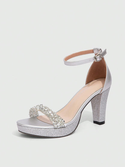 Women's Silver High Heel Platform Sandals, Fashionable Glitter Strap Chunky Heel Thick Sole Sandals, Charming Party Shoes,Spring Summer Outfits