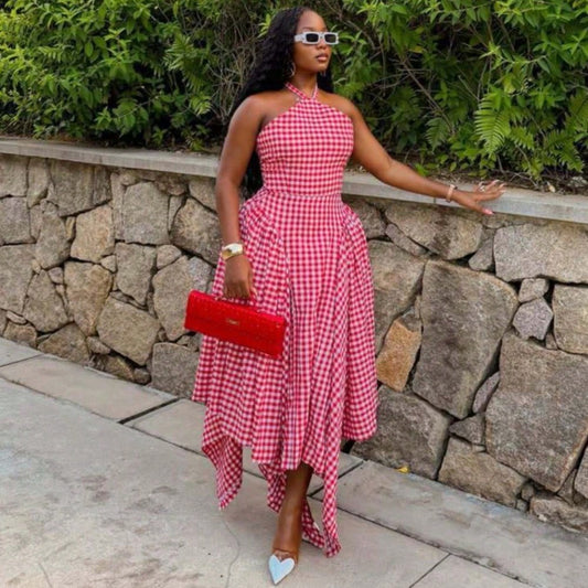 Women's Sleeveless Neck-Hanging Fashion Plaid Dress Versatile High-Waisted Irregular Long Dress