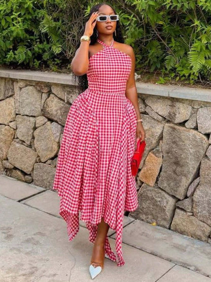 Women's Sleeveless Neck-Hanging Fashion Plaid Dress Versatile High-Waisted Irregular Long Dress