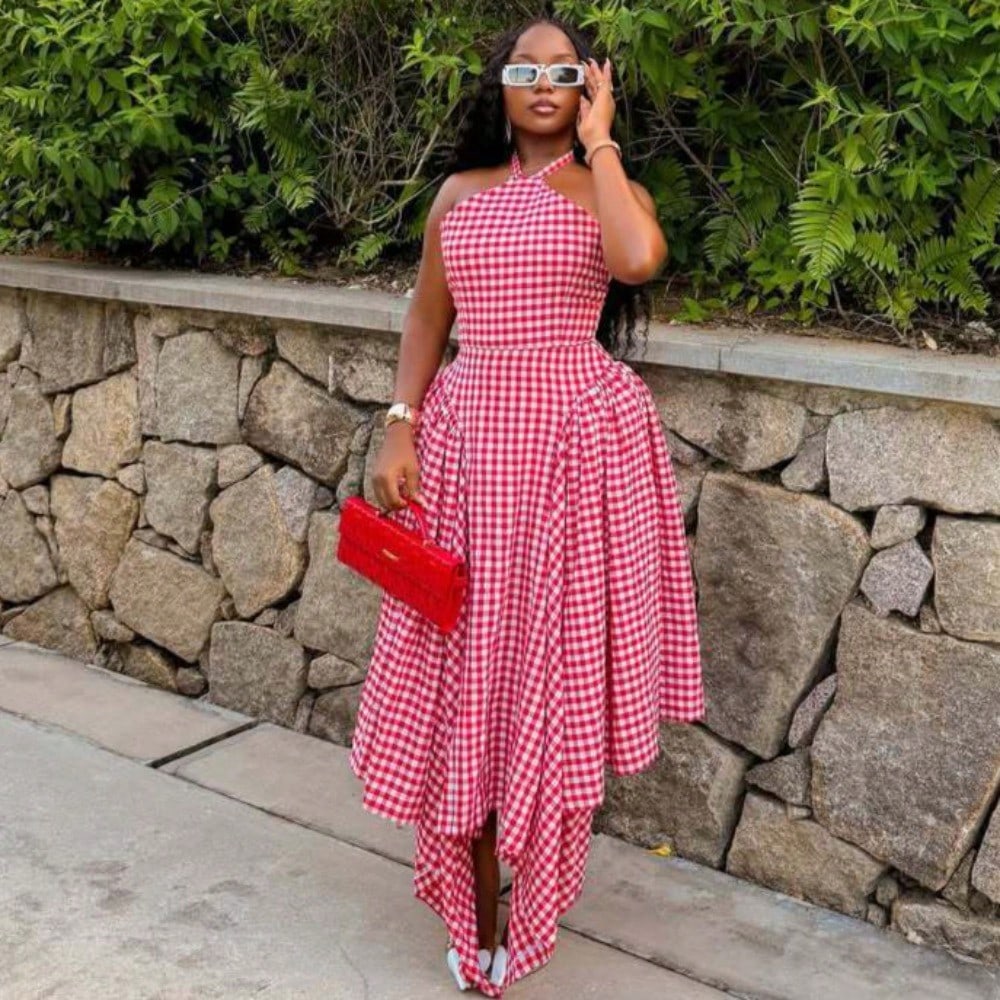 Women's Sleeveless Neck-Hanging Fashion Plaid Dress Versatile High-Waisted Irregular Long Dress