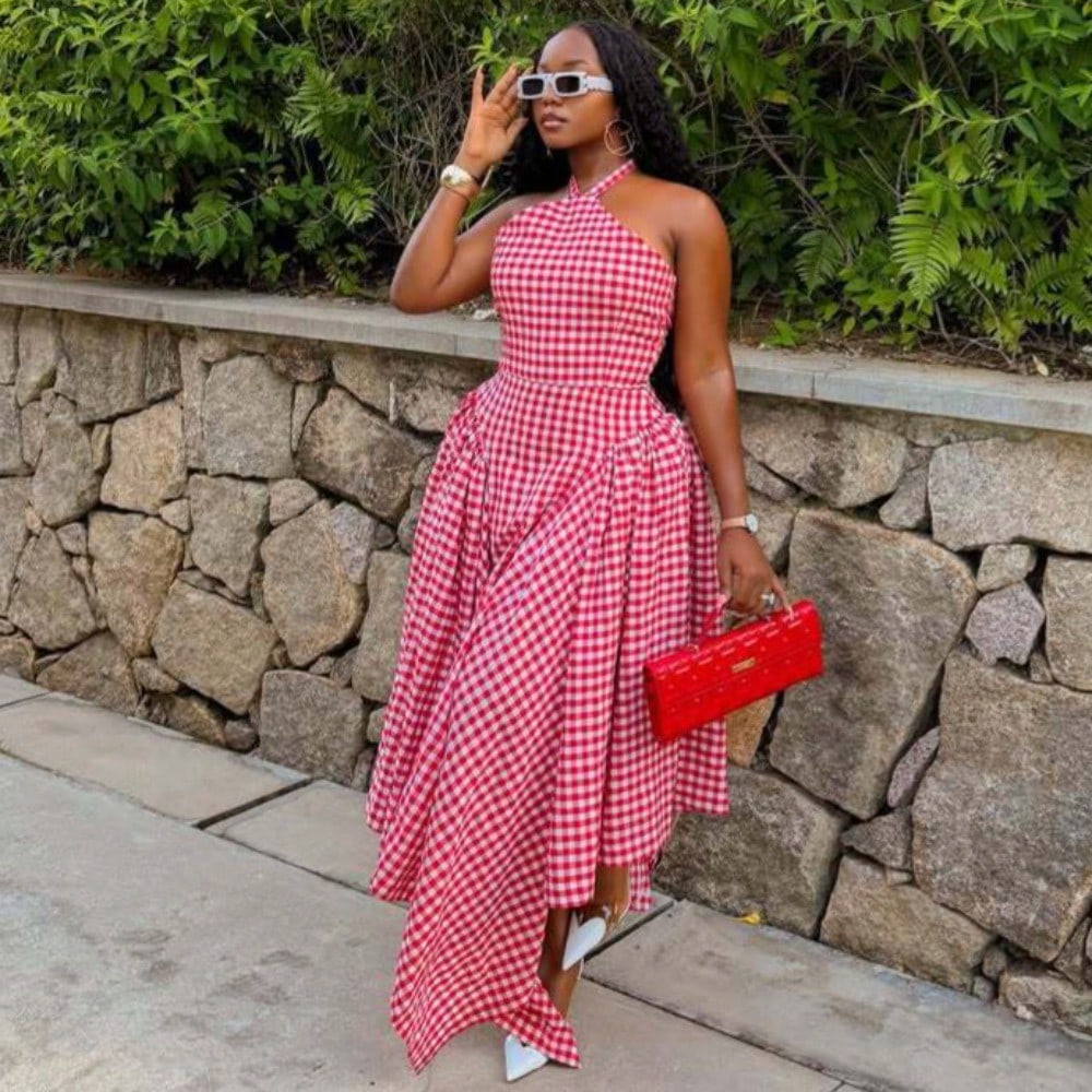Women's Sleeveless Neck-Hanging Fashion Plaid Dress Versatile High-Waisted Irregular Long Dress