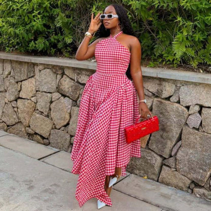 Women's Sleeveless Neck-Hanging Fashion Plaid Dress Versatile High-Waisted Irregular Long Dress