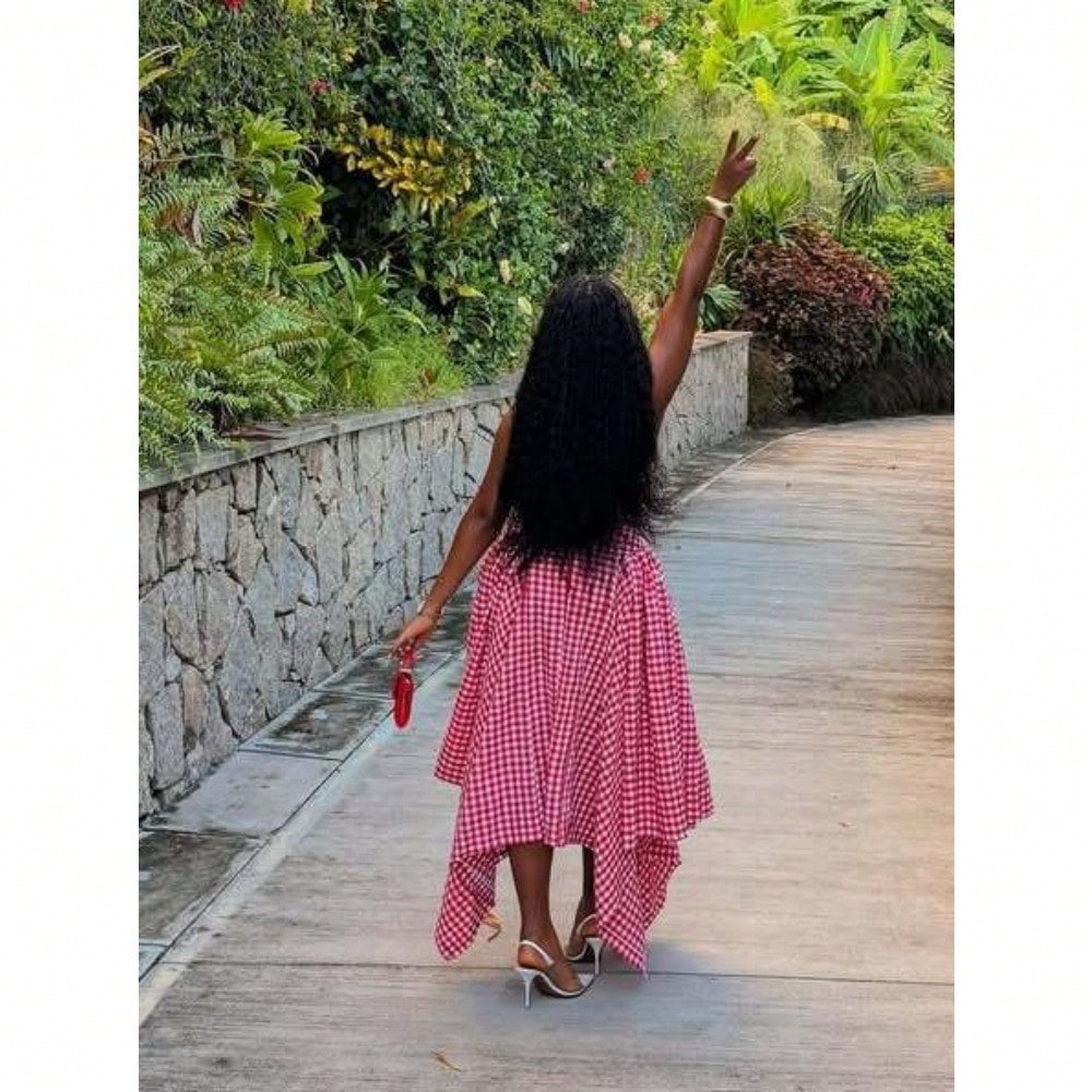 Women's Sleeveless Neck-Hanging Fashion Plaid Dress Versatile High-Waisted Irregular Long Dress