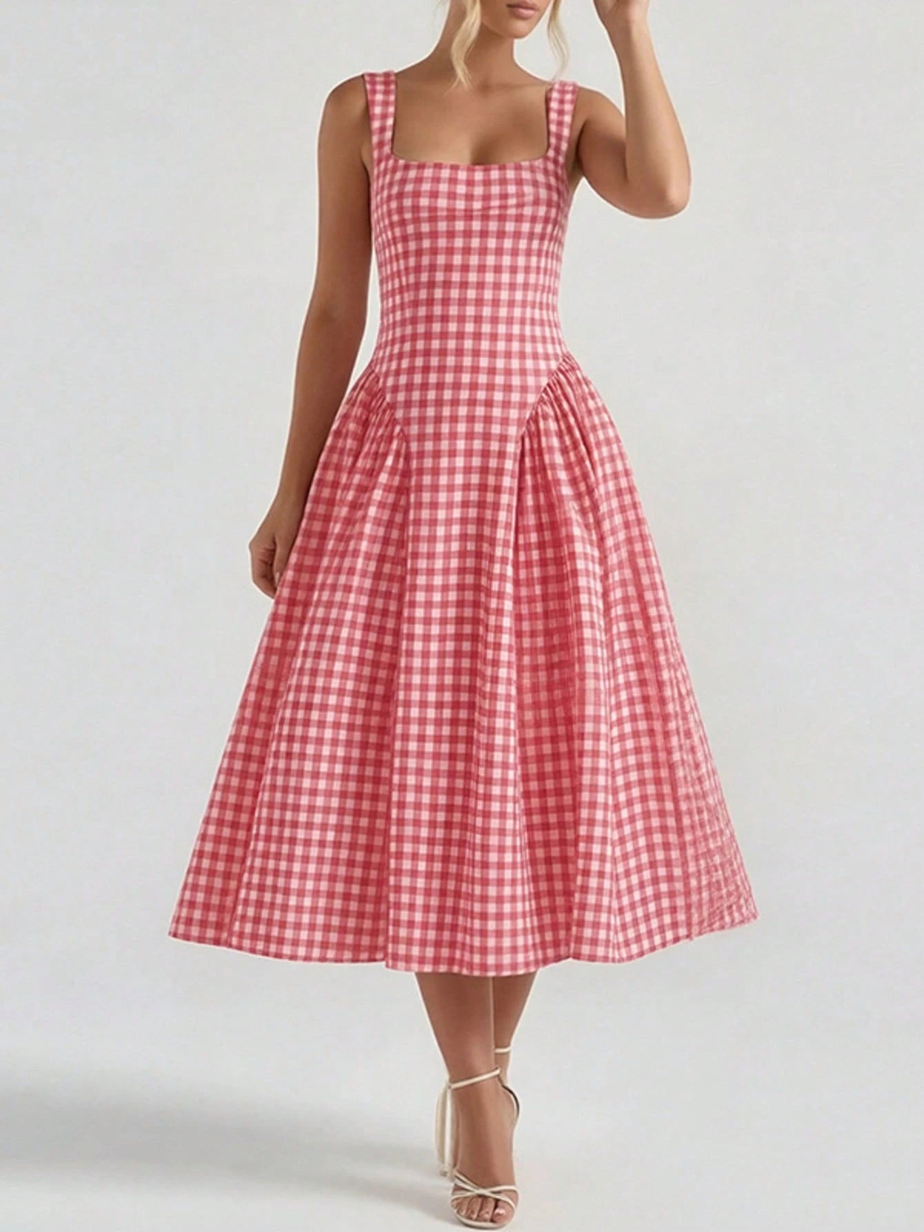 Women's Sleeveless Neck-Hanging Fashion Plaid Dress Versatile High-Waisted Irregular Long Dress