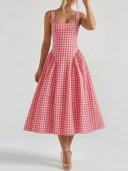 Women's Sleeveless Neck-Hanging Fashion Plaid Dress Versatile High-Waisted Irregular Long Dress