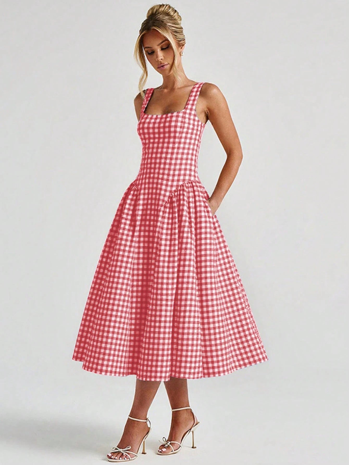 Women's Sleeveless Neck-Hanging Fashion Plaid Dress Versatile High-Waisted Irregular Long Dress